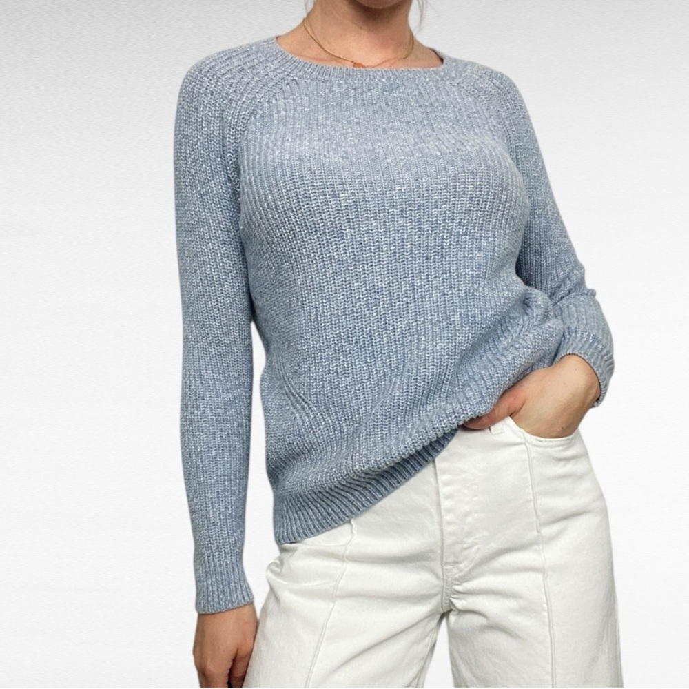 L.L.Bean | Light Blue Classic Crewneck Raglan Sleeve Ribbed Knit Cotton Sweater